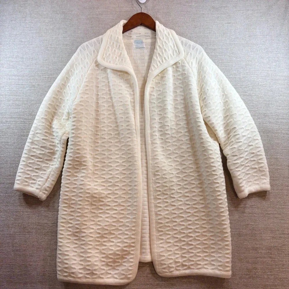Vintage Granniecore‎ Dainty Ivory Honeycomb Knit Open Front Cardigan Sweater LG